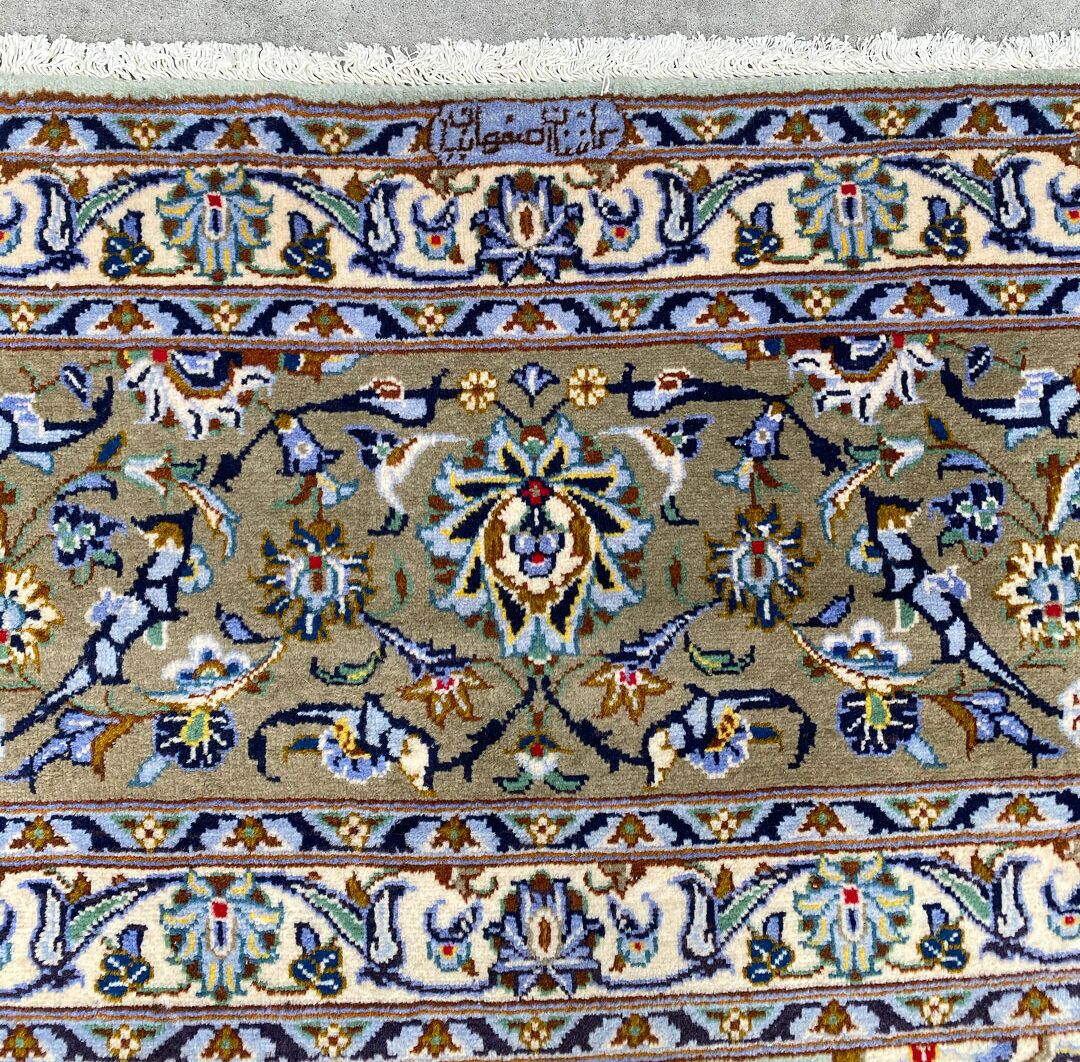 4.3x3M Signed Pistachio Tone Persian Kashan Rug - Image 6