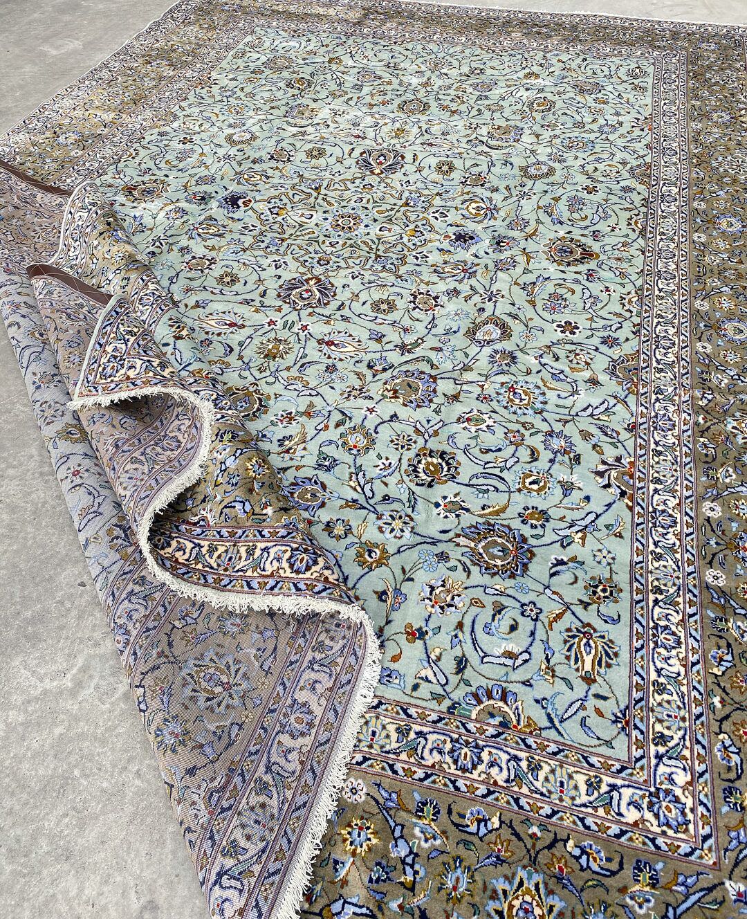 4.3x3M Signed Pistachio Tone Persian Kashan Rug