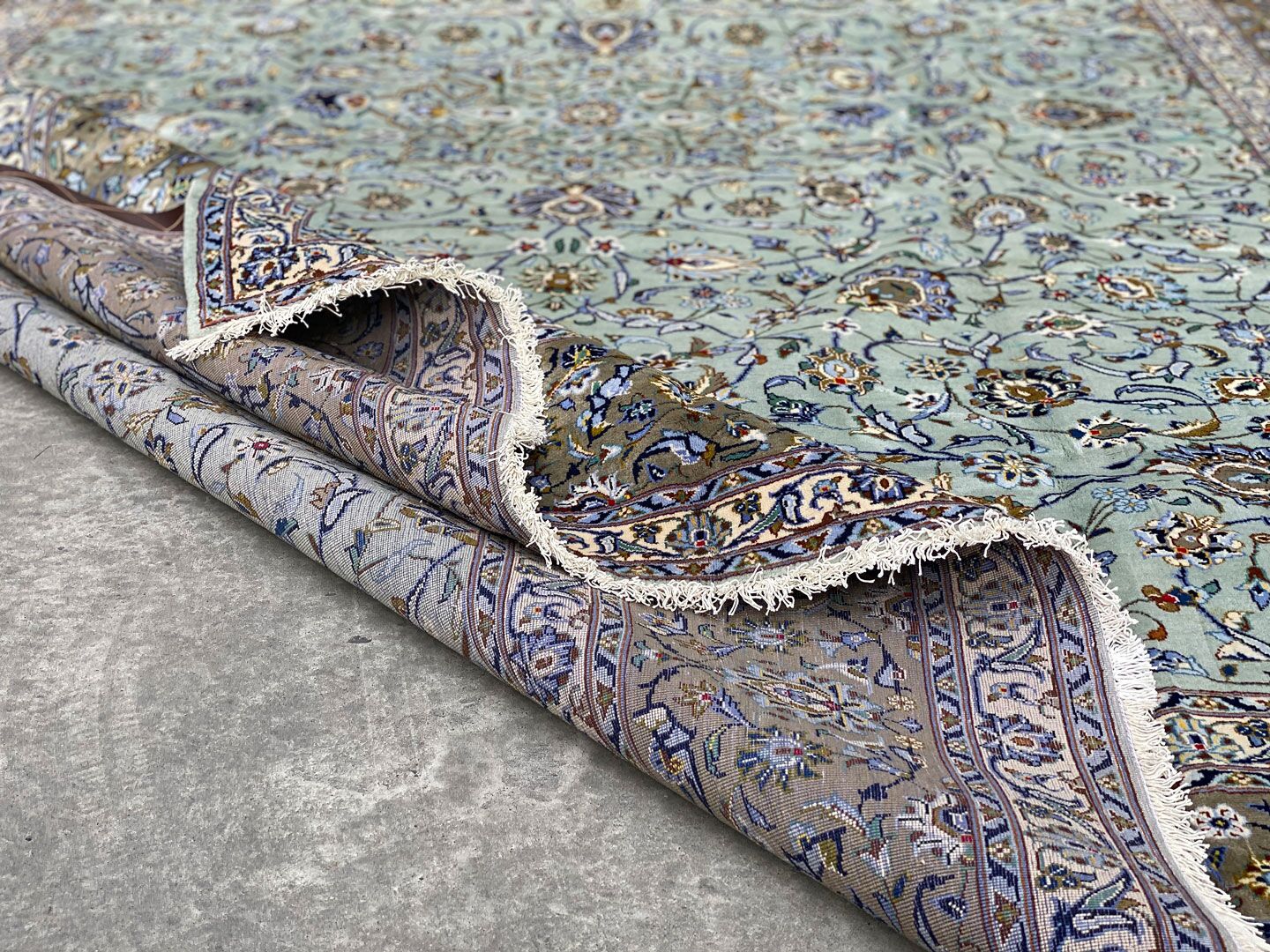 4.3x3M Signed Pistachio Tone Persian Kashan Rug - Image 9