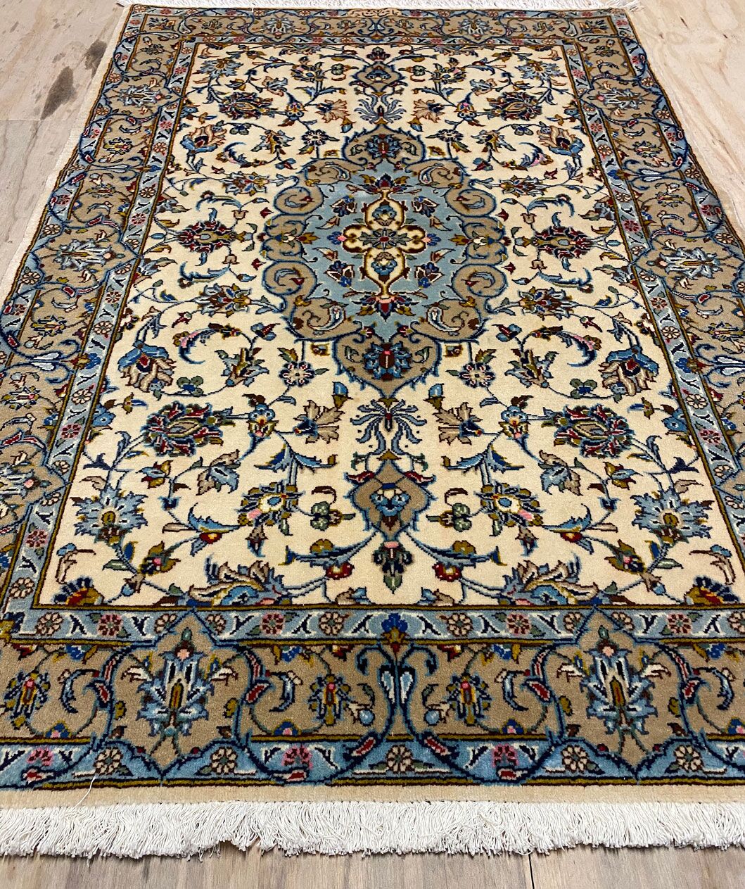 1.5x1M Signed Beige Persian Kashan Rug