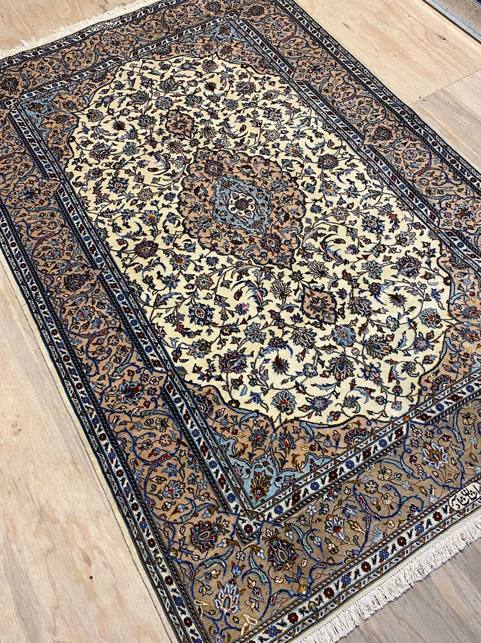 2.2x1.5M Signed Beige Persian Kashan Rug - Image 4