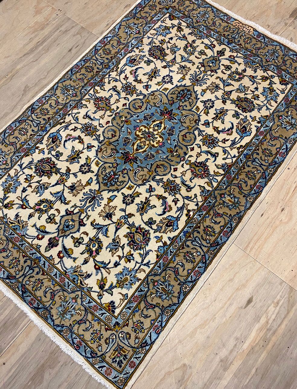 1.5x1M Signed Beige Persian Kashan - Image 3