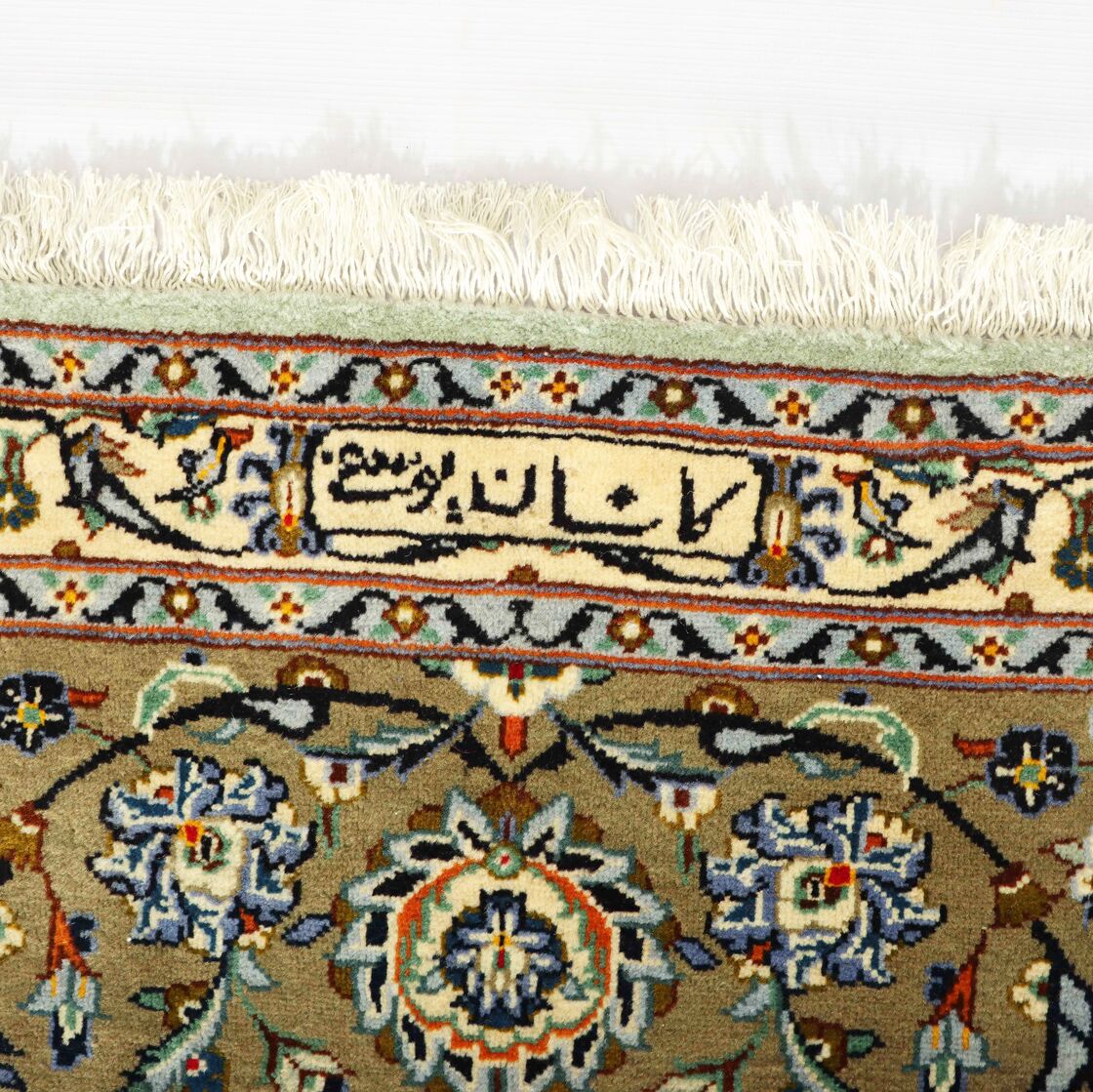 4.2x3 M Signed Pistachio Tone Persian Kashan Rug - Image 4